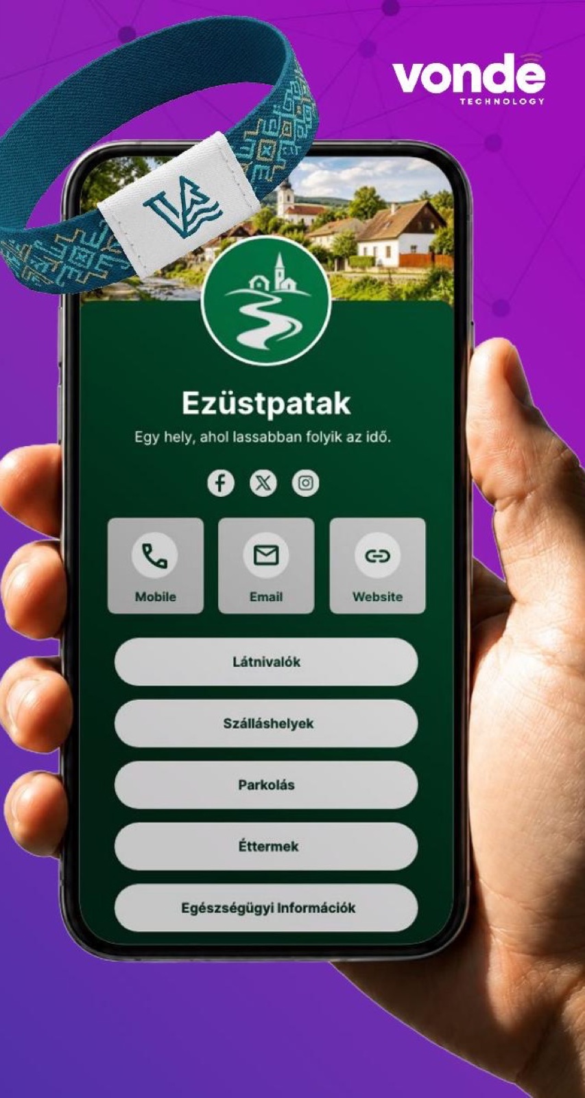 Textil karszalag és a hozzá tartozó digitális landing oldal egy telefonon